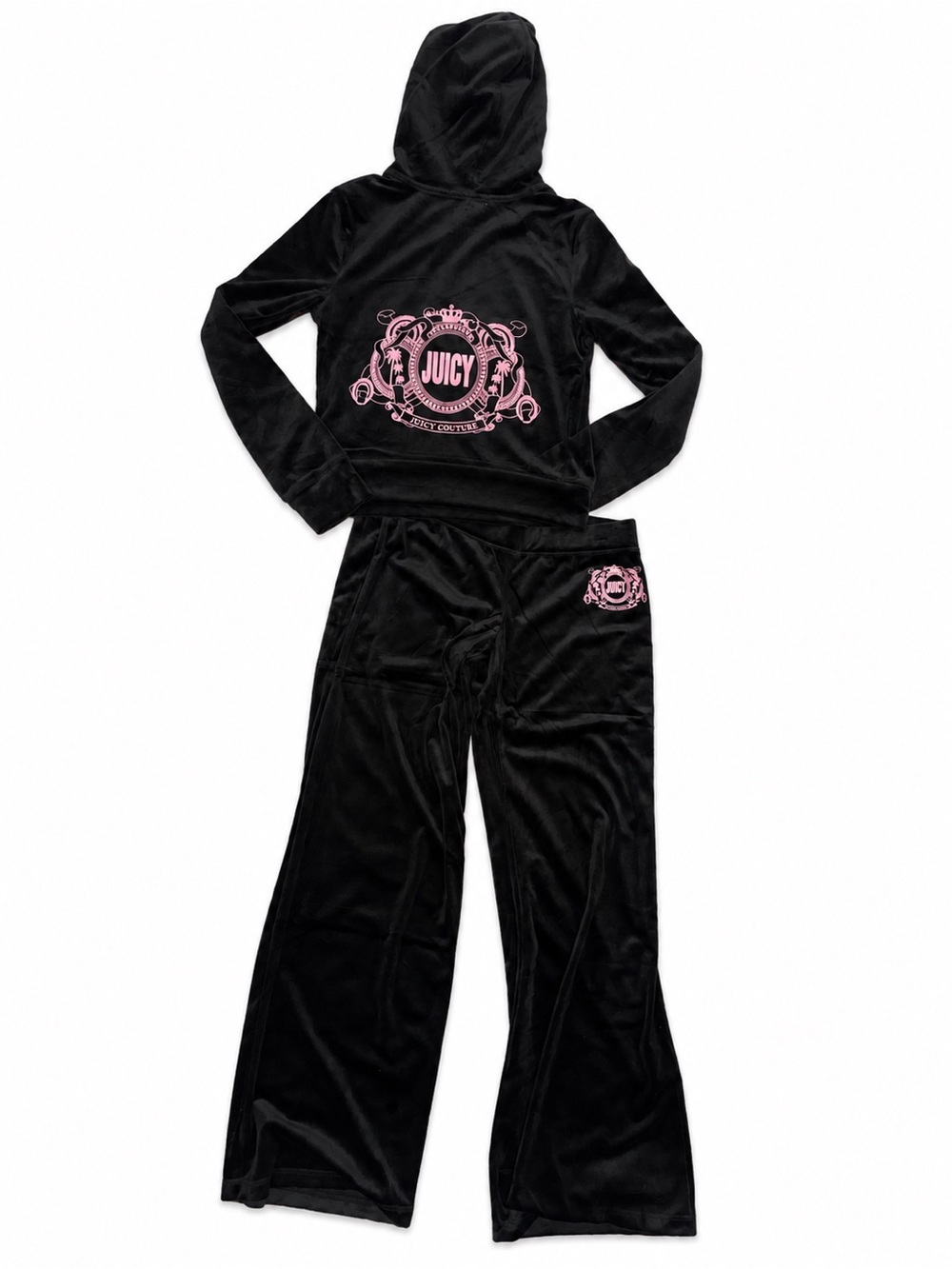 Juicy Couture Black Velour Hoodie & Pants Set with Pink Crest